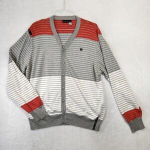 Rocawear Mens Cardigan Sweater 2XL Red Grey White Striped Colorblock R Plus Logo
